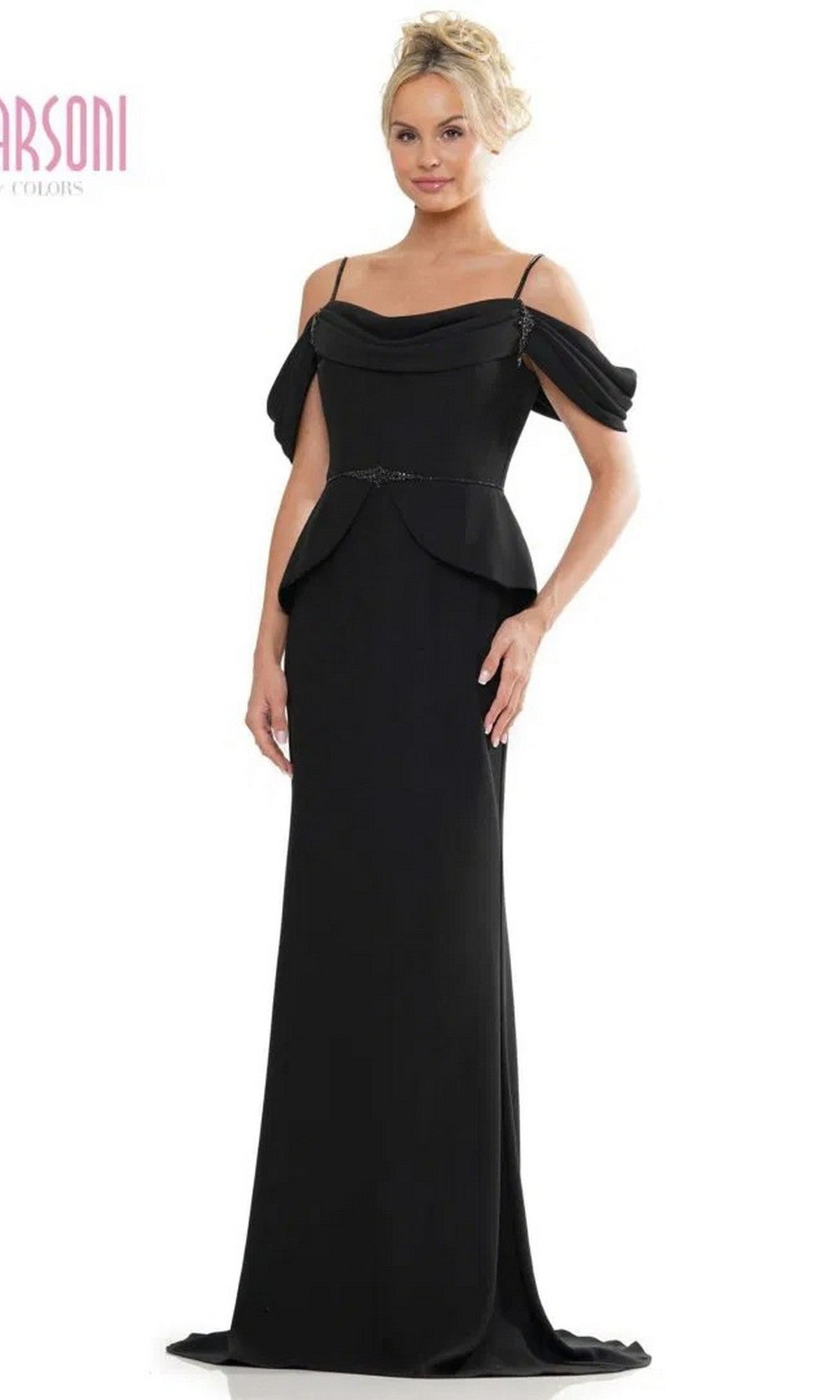 A woman wears the Marsoni MV1271 long formal dress in black, featuring stretch crepe fabric, off-the-shoulder sleeves, thin straps, and a fitted bodice.